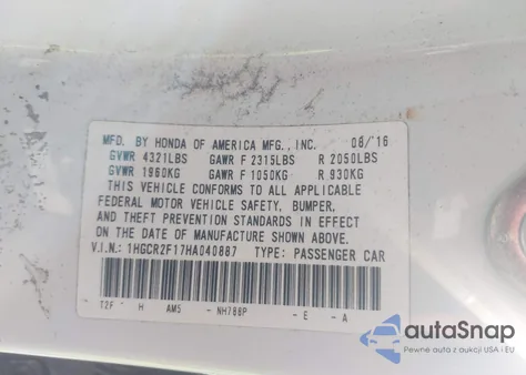 2017 Honda Accord Sport Se z USA, uszkodzony, nr VIN 1HGCR2F17HA040887